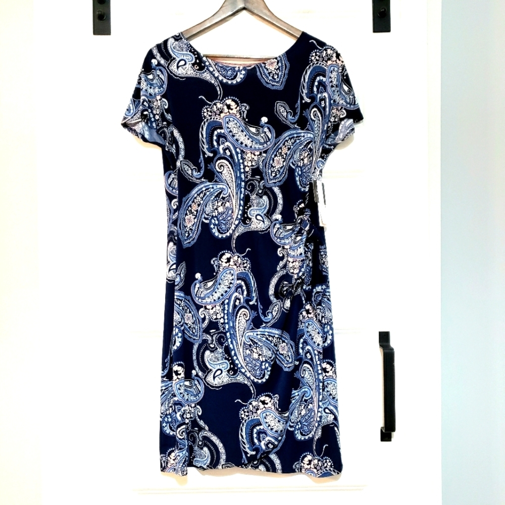 Signature By Robbie Bee Faux Wrap Dress Women S Navy Paisley Stretch Above Knee